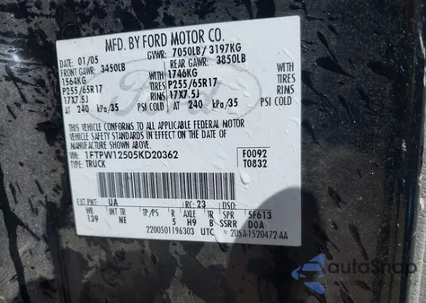 2005 Ford F-150 Lariat/Xlt из США, поврежденный, VIN 1FTPW12505KD20362